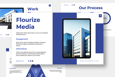 Flourize Real Estate Presentation Design advertising blue branding business company corporate creative design exploration explore graphic design logo real estate template ui