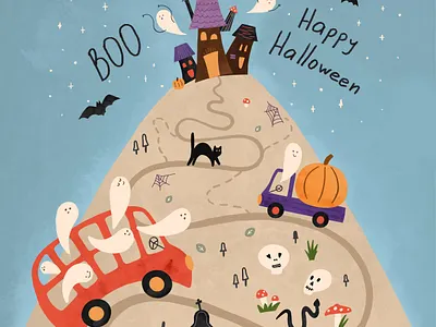 Happy Halloween map. Bus with ghosts, pumpkin, scarry house. bus car card childrens illustration funny characters ghost halloween party hand drawn happy halloween illustrat illustration kids illustration print pumpkin scary house watercolor
