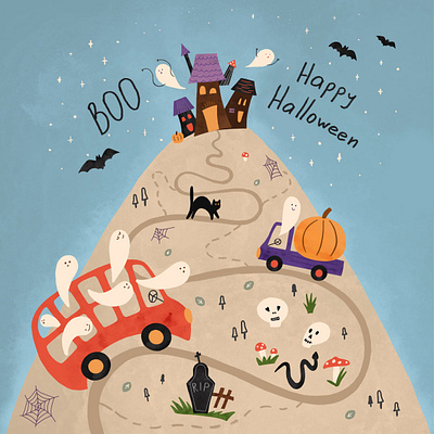 Happy Halloween map. Bus with ghosts, pumpkin, scarry house. bus car card childrens illustration funny characters ghost halloween party hand drawn happy halloween illustrat illustration kids illustration print pumpkin scary house watercolor