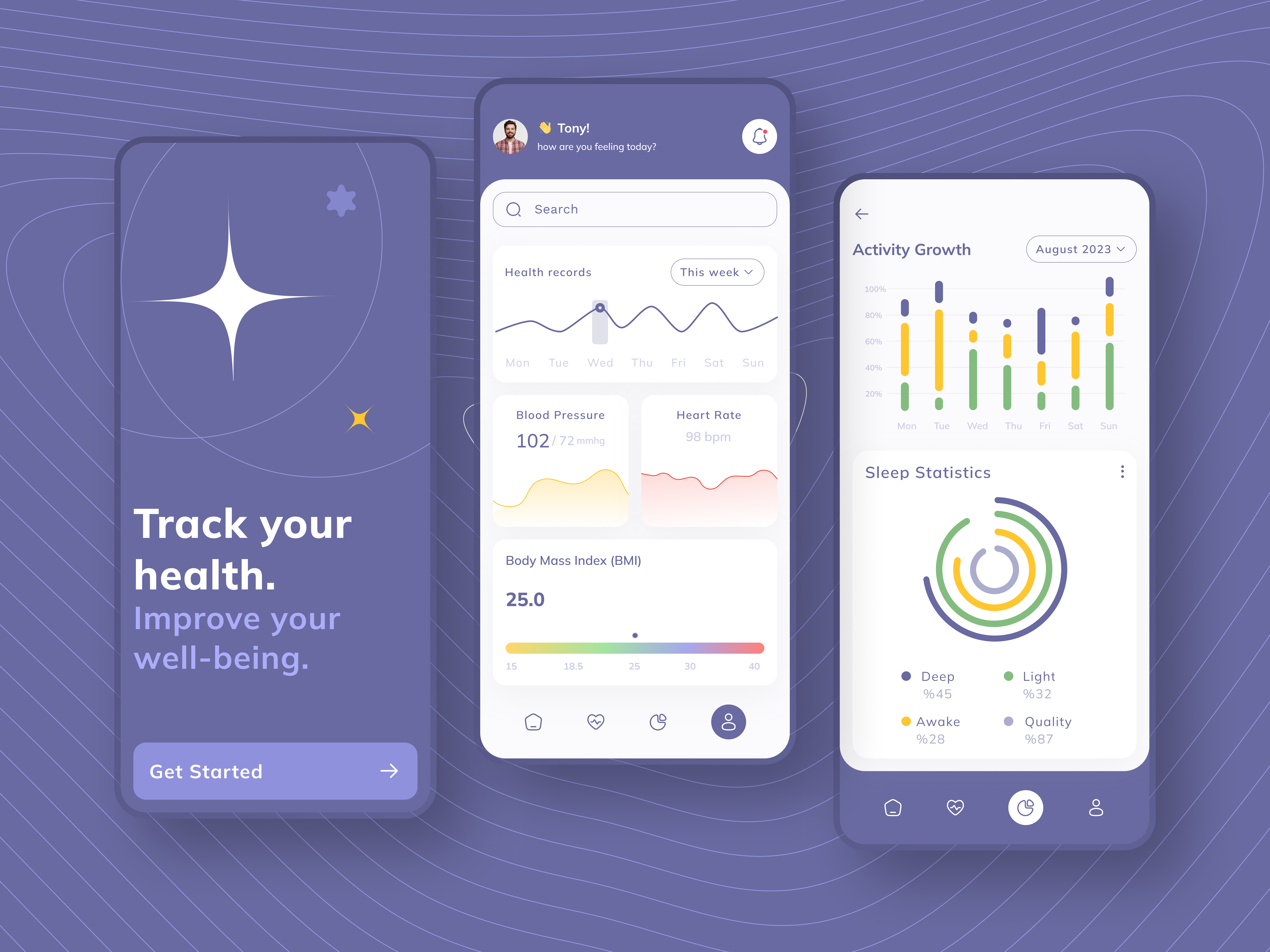 WellnessHub - Mobile App UI ai app application art colors dashboards design health logo mobile modern purple saas statistic trending ui ux vision wealth webapp