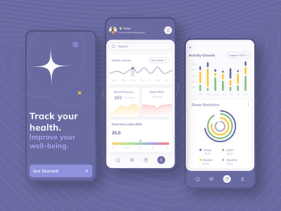 WellnessHub - Mobile App UI ai app application art colors dashboards design health logo mobile modern purple saas statistic trending ui ux vision wealth webapp