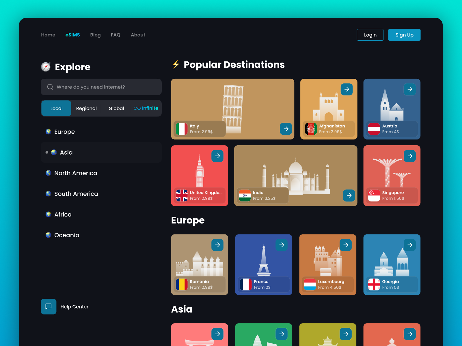 💫Design for eSIM web e-commerce 5g airalo data e commerce esim illustrations inspiration mobile network provider phone internet plan service sim t mobile trends ui ux vodafone web