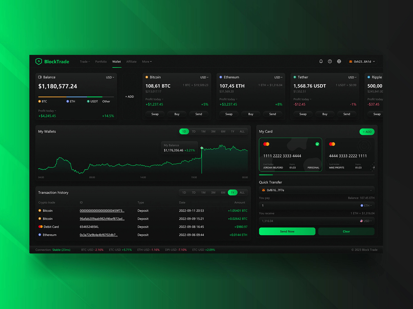 BlockTrade App Wallet Page for Cryptocurrency Trading Terminal by