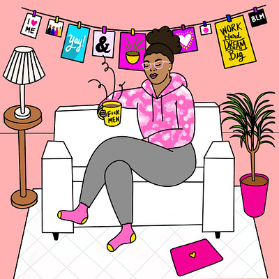 In her zone character illustration couch couch illustration doodle drawing funny girl cave illustration mug pink plants procreate