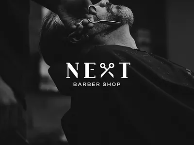 NEXT Barber Shop Logo Design barber barber shop black and white brand branding cut graphic design hair logo logo design logotype next scissors simple