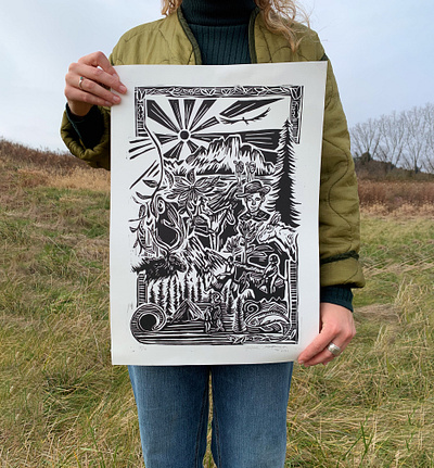 National Geographic Linocut camp camping camping linocut cowboy cowboy illustration fly fishing granola linocut moose mountain nat geo national geographic national parks nature illustration nature print sunrise sunset illustration western carved illustration western illustration woodblock print