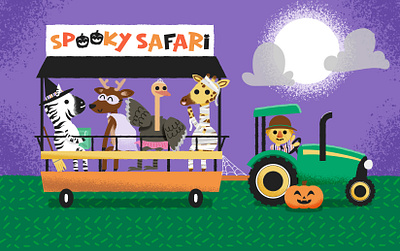 Spooky Safari Event Illustrations animals character design digital giraffe graphic design halloween illo illustration kids lit pumpkin safari scarecrow spooky tractor vector zebra zoo