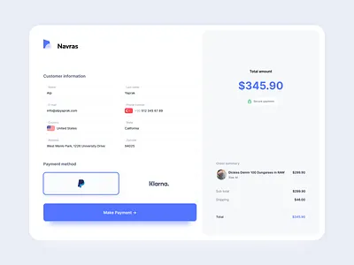 Navras - Payment, Checkout address blue checkout components country email input make payment name order summary pattern payment phone screen simple total ui ux white
