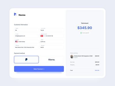 Navras - Payment, Checkout address blue checkout components country email input make payment name order summary pattern payment phone screen simple total ui ux white