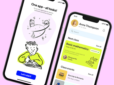 Screens for School Lessons application app application branding bright dashboard handdrawn illustration kids lessons mobile design onboarding playful schedule school tasks ui vector