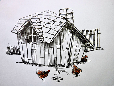 Buck-Buck House chicken chickencoop drawing illustration ink inktober2023
