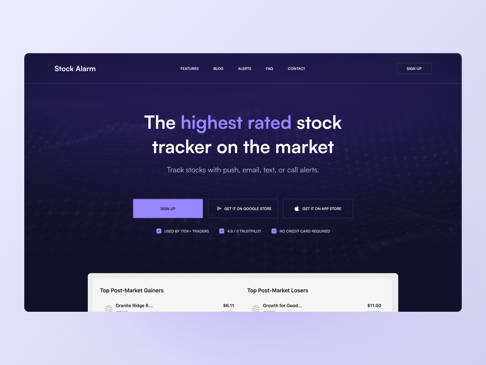 Stock Alarm - SaaS Landing Page app application assets crypto dark dark mode design landing page minimal modern purple saas stock ui ux web web design webdesign website website design