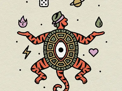 man tiger all blind chance chimera control dice energy enlightened fire flame fortune limbs love man seeing stripes tiger turtle water