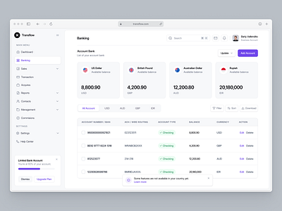 Transflow - Dashboard accounting banking branding dashboard design finance financial fintech payment paypal sales transaction ui uidesign ux uxdesign uxerflow web app web design wise