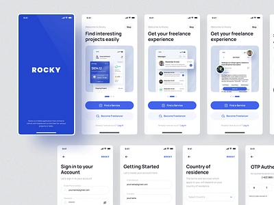 Splash Screen, Onboarding, Login & Register - Freelance app app design design flow freelance app freelance portal job board job finder job finder app login logout mobile app onboarding register sign in sign up signin signup splash screen ui ux