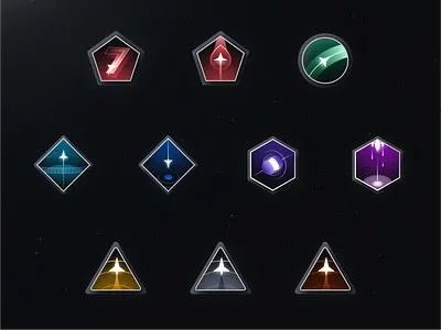 Badge Set for a Dev Learning Program badges branding code collection course dev game graphic design illustration newton premium program reward rocketship space training ui worldbuilding