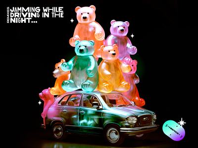 Jamming the remixes 3d bear car illustration music playlist vector