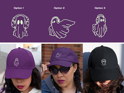 Darkly Curious - Hat Design branding design embroidery geometric ghost hallowen hat headwear horror illustration line lineart logo merch merchandise monoline patch podcast sticker woman