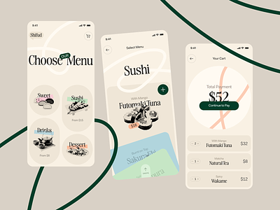 Shifud - Dine In Order App app clean colorful design food food app food delivery fun menu order mobile app order app pastel restaurant sushi ui user interface ux