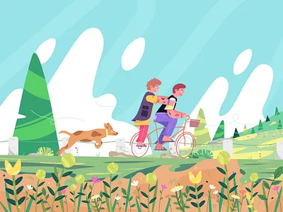 Cycling Down the Hill 2d art bicycle cartoon character character design clean cycling design graphic design green hill illustration landscape nature plant popular scenery texture vector