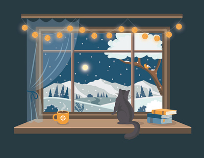cozy winter evening art artwork cat cozy winter evening design graphic design illustration snow vector winter
