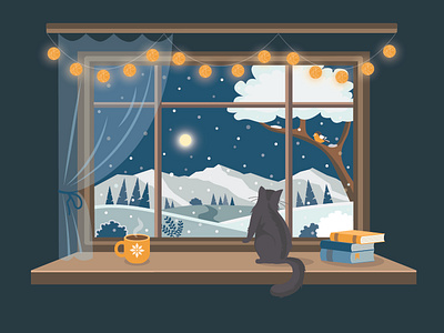 cozy winter evening art artwork cat cozy winter evening design graphic design illustration snow vector winter