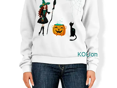 Sweatshirt with a cute witch and black cat print for Halloween black cat fun halloween illustration print printshop pumpkin sublimation sweatshirt sweatshirt print witch womens sweatshirt