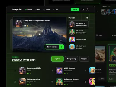 Morphite - Game Portal Website dark mode design digital games download game game download gameportal games gaming website green hero page home page landing page portal ux web web design web site website