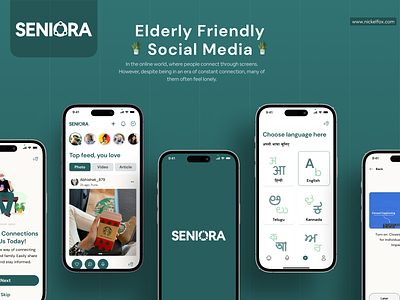 Seniora: Elderly Friendly Social Media branding concept dark theme design elderly app illustration landing page minimal senior app social media app soothing app ui ux