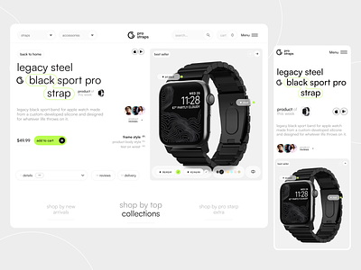 Pro Straps - Ecommerce Product Page UI apple watch cart clean dashboard e commerce website ecommerce interface minimal modern design online store product category product page purchase saas shopping straps testimonials ui ux web web design