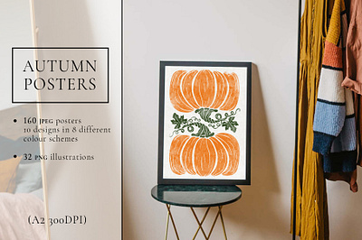 Autumn posters, linocut art autumn branding contemporary art folk graphic design halloween linocut logo posters pumpkin wallpapers