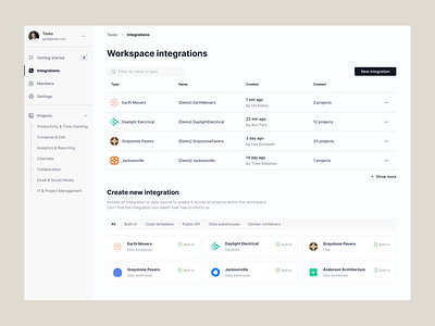 Integrations dashboard datamanagement integrationspage saas thirdpartyintegrations uiux userexperience userinterface workflow