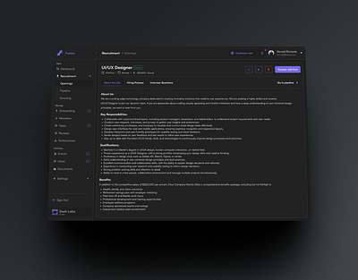 Fusion HR admin darkmode dashboard figma hr jobboard ui ux