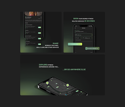 Feature section adaptive design booking checkout dark mode feature section fitness landing page map mobie mockup responsive design ui ui elements uiux user interface ux website