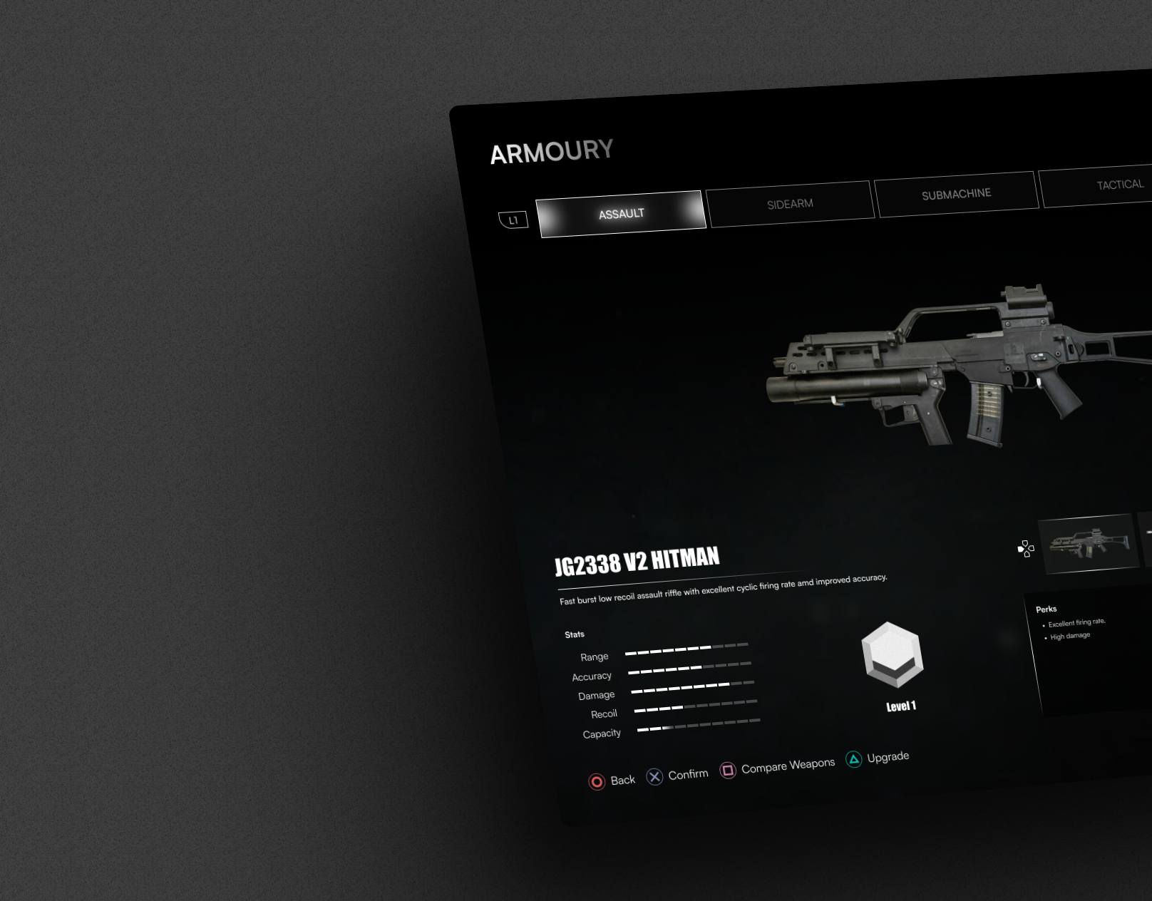 Gun selection page dark figma game design gun ui