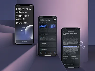 Inspire AI Mobile App ai artificial intelligence content content writing copywriting dark mode design gradient ios layout mobile app mockup optimizing seo speech text ui ux vector web design