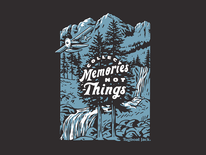 Collect Memories Not Things T-Shirt Design bush plane illustration mountains nature sea plane waterfall