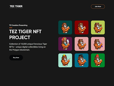 TEZ Tiger NFT art blockchain branding collection community dark dark theme design nft nft collectibles opensea product tez tiger tiger ui uiux ux web development website website design