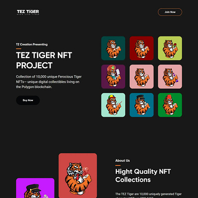 TEZ Tiger NFT art blockchain branding collection community dark dark theme design nft nft collectibles opensea product tez tiger tiger ui uiux ux web development website website design