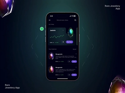 Rare Jewelery App 3d animation app crystal dark mode ecommerce emerald futuristic glass gold homepage jewellery luxury modern motion graphics nft prototype ui uiux ux