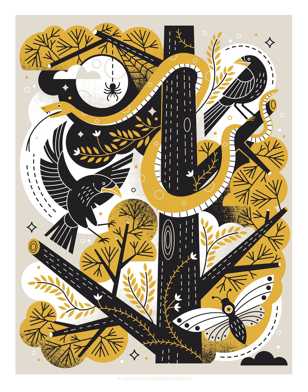 On the Tree Top birds illustration mid century modern moths nature poster print screenprint spooky vector