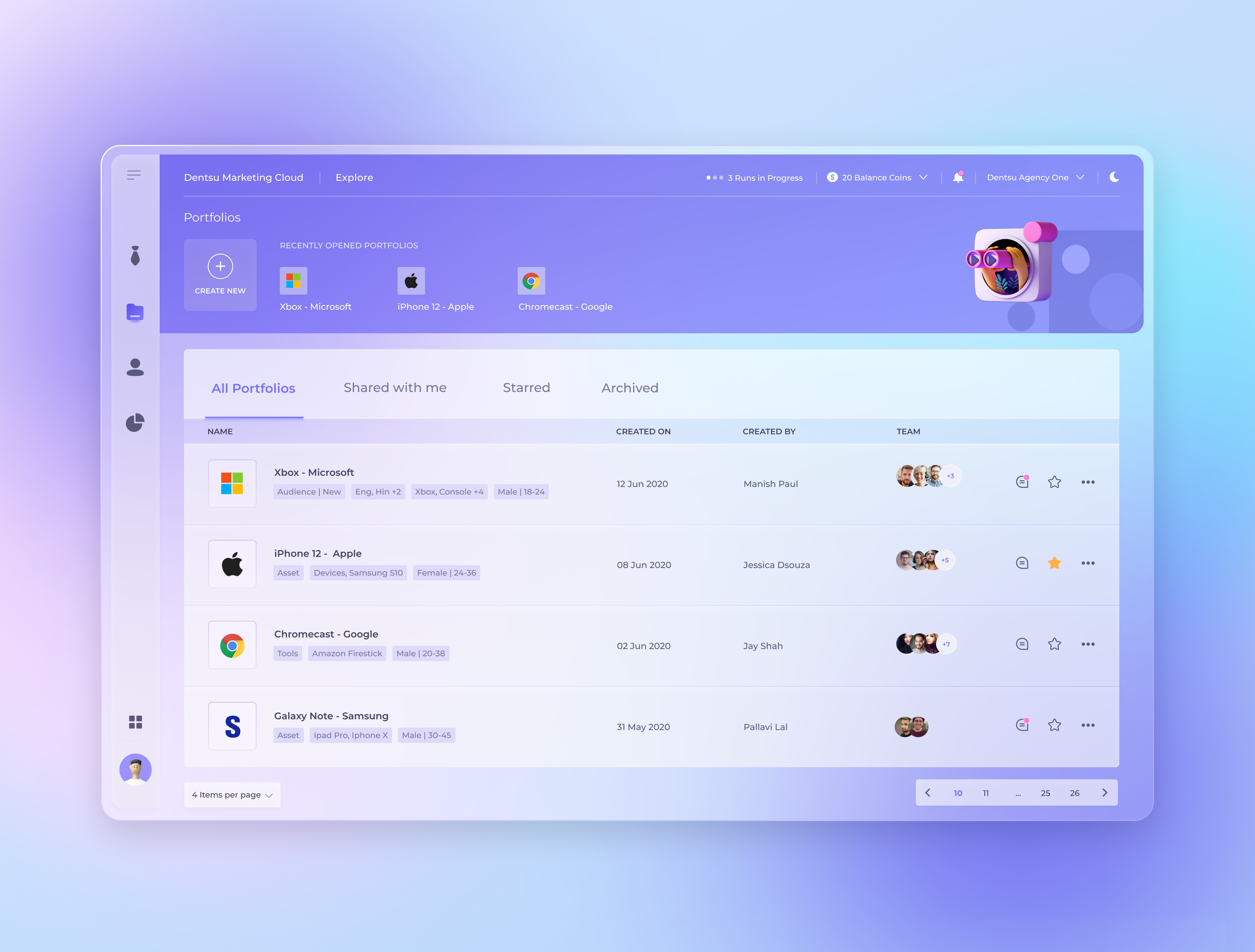 Portfolio Listing Page UI for Dentsu Marketing Cloud glass glassmorphism list list view listing marketing martech portfolio web design web ui webapp website