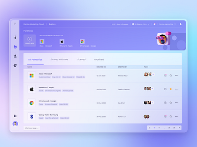 Portfolio Listing Page UI for Dentsu Marketing Cloud glass glassmorphism list list view listing marketing martech portfolio web design web ui webapp website