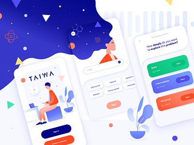 TAIWA | App UI/UX & branding android app blue branding colorful colourful creative galaxy green illustration ios medidate mind navy orange shapes typography ui ux vector