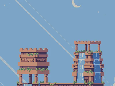 Crowned twins. 16bit 8bit chill chillart chillcolors cloudart environment design fantasy fantasyart gameart minimalist minimalistic pixel art pixelart pixels sky skyart towers waterfall
