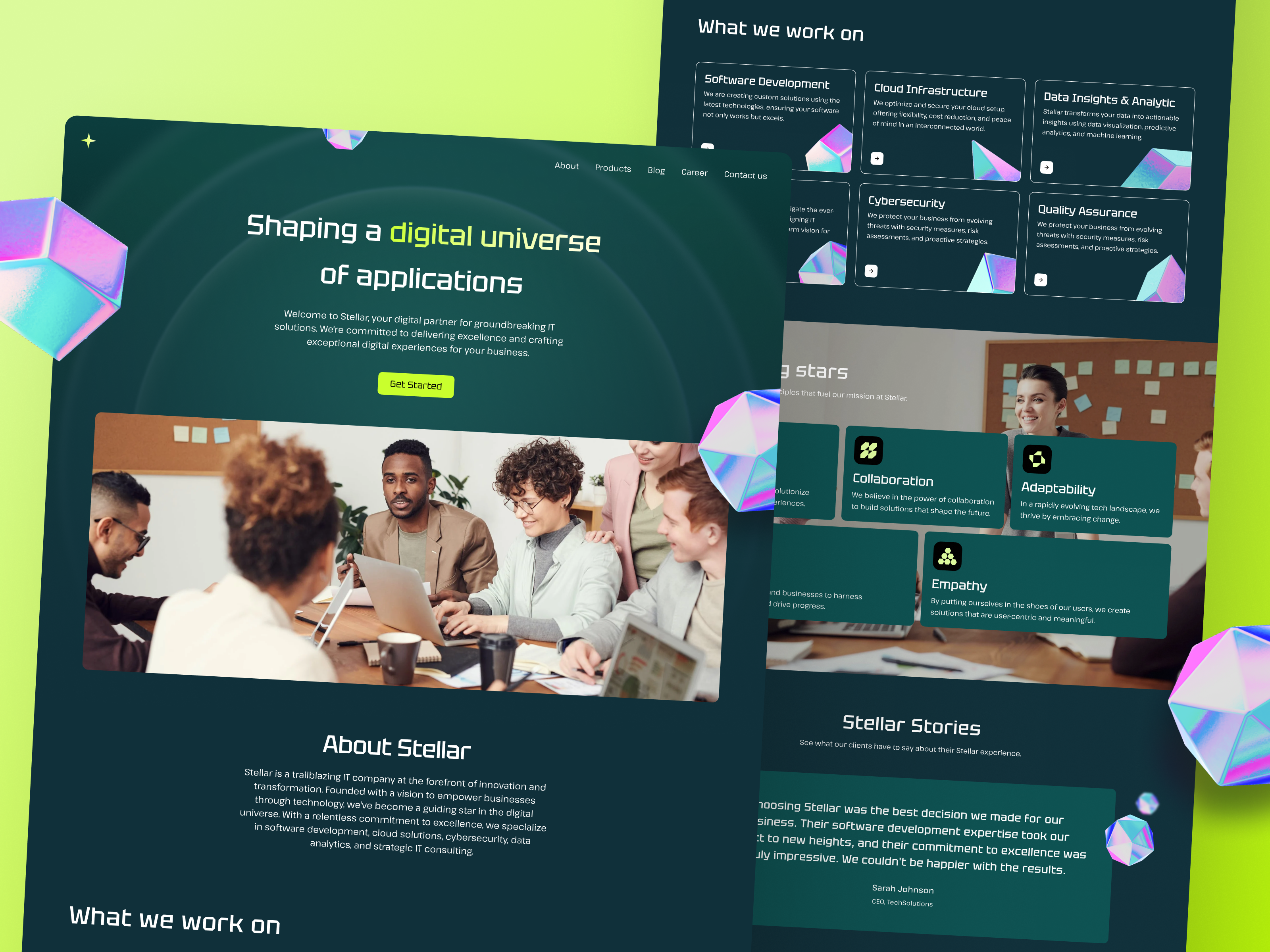 Stellar IT Company Website - Light and Dark 3d art 3d model 3dillustration career company composition dark design green hero it landing landing page light spline ui website