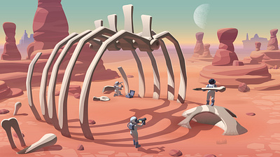 Astronauts and giant skeleton on desert planet bones mars space