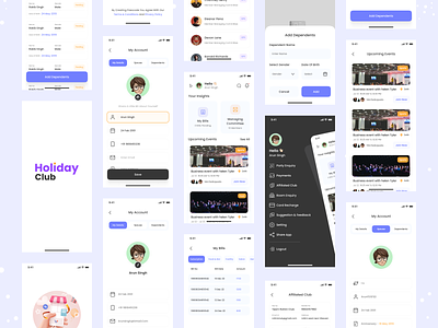 Holiday Club App Redesign affiliated club analytics appdesign banquet reservation billpay burger menu screen card recharge club dependents design hotelbooking makes payments managing committee mangment my account my bills room reservation ui design uiux upcoming events