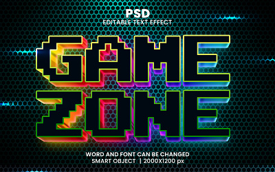 Game zone RBG neon light 3d editable text effect design Logo game assest gamer gaming font gaming text effect psd mockup