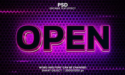 Open Glow 3d editable text effect design Logo gaming font grand opening metallic background neon rgb night effect psd mockup